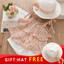 Load image into Gallery viewer, New Baby Girls Sleeveless Sling Floral Chiffon Suits And Straw Hat