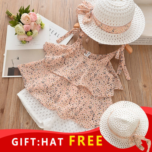 New Baby Girls Sleeveless Sling Floral Chiffon Suits And Straw Hat