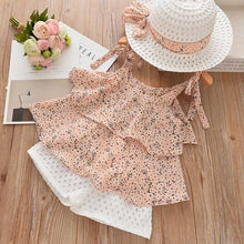 Load image into Gallery viewer, New Baby Girls Sleeveless Sling Floral Chiffon Suits And Straw Hat