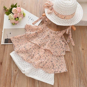 New Baby Girls Sleeveless Sling Floral Chiffon Suits And Straw Hat