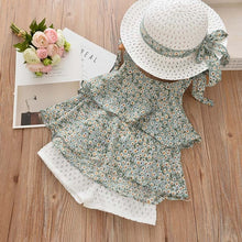 Load image into Gallery viewer, New Baby Girls Sleeveless Sling Floral Chiffon Suits And Straw Hat